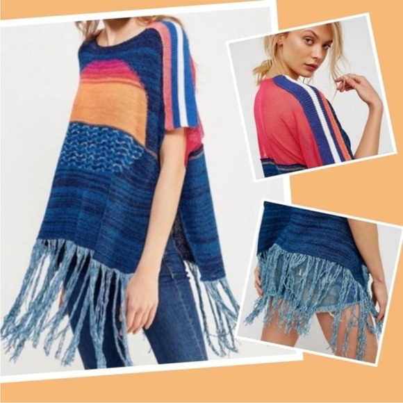 NWT Free People Sunset Fringe Poncho Beach Sweater XS/S Lightweight Oversized - Picture 3 of 16